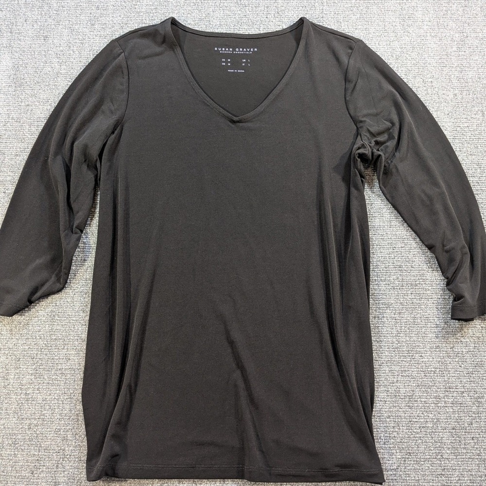 Susan Graver Liquid Knit V-Neck Top Women Medium Black 3/4 Sleeve Side Slit
